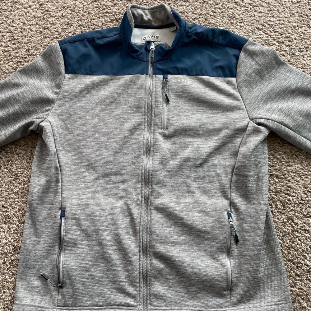 Orvis Mens XL Full Zip Fleece Jacket Grey Navy Blue Classic Collection Sweater - Picture 3 of 16